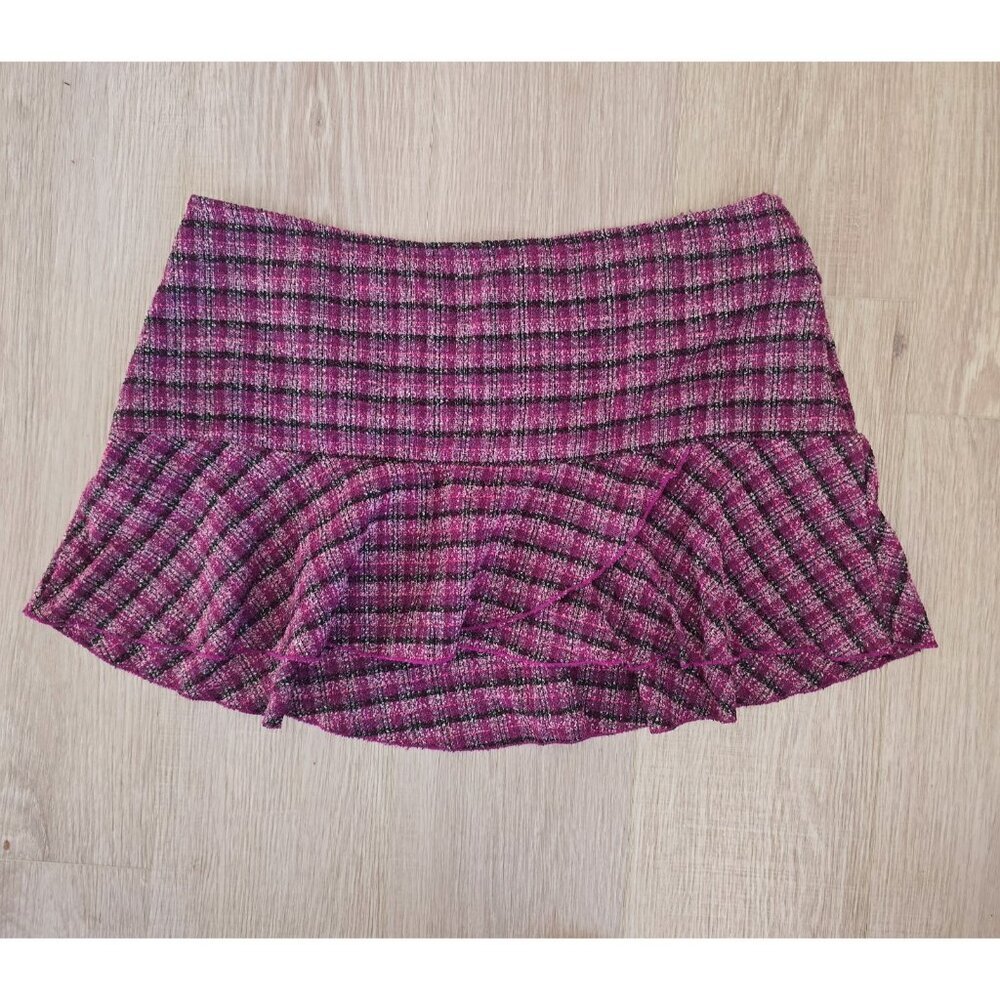 Y2K Micro Mini Skirt Jr 15 XL Preppy Pink Black Low Rise Plaid Punk Tweed Zip